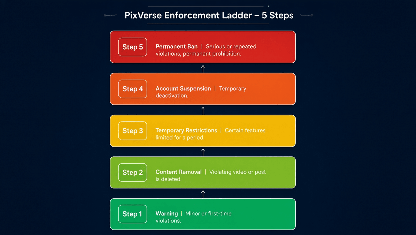 Five-step PixVerse enforcement ladder from warning to permanent ban for community guidelines violations