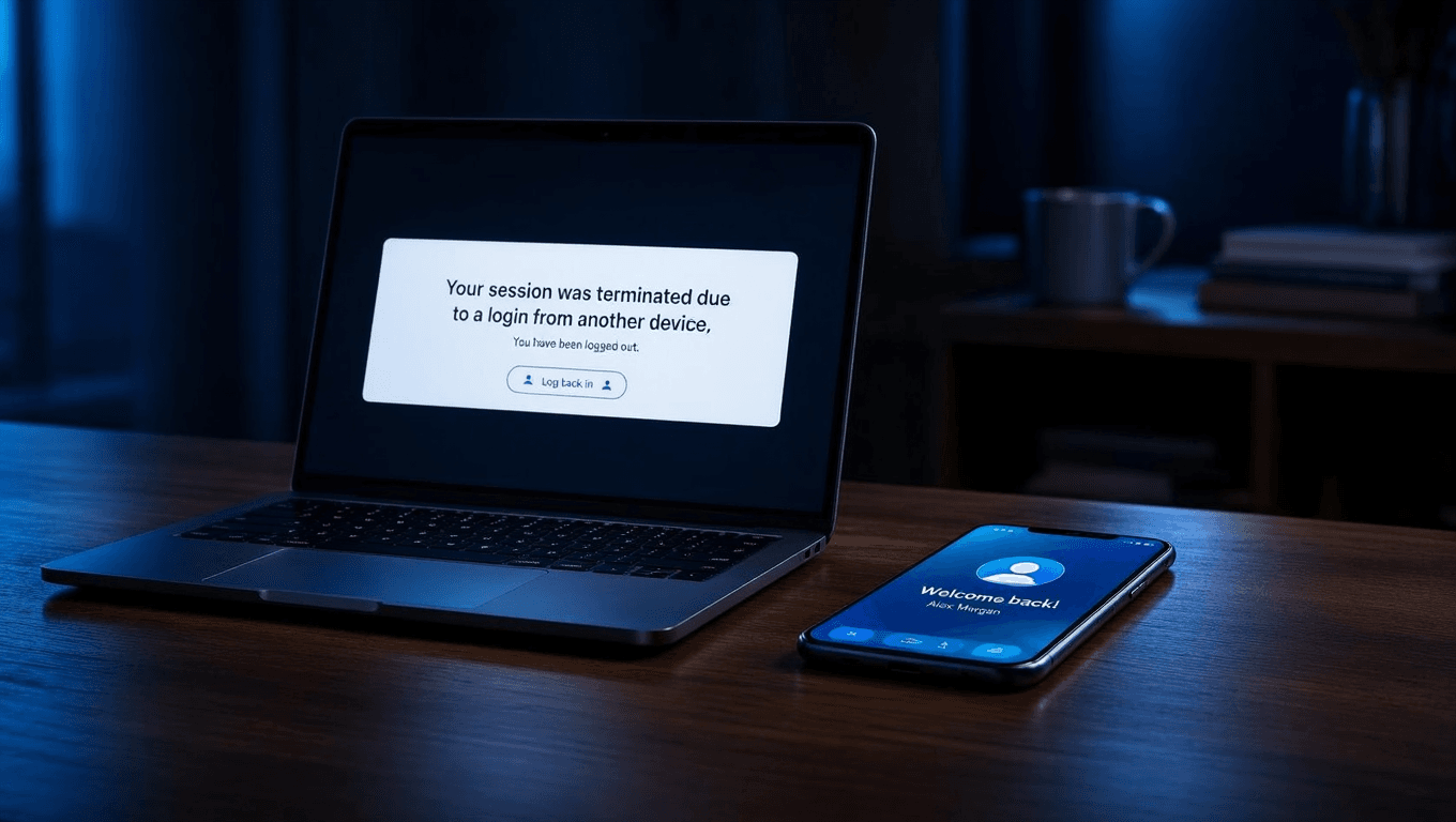 Laptop showing session terminated notice with phone displaying same app freshly signed in indicating PixVerse multi-device detection