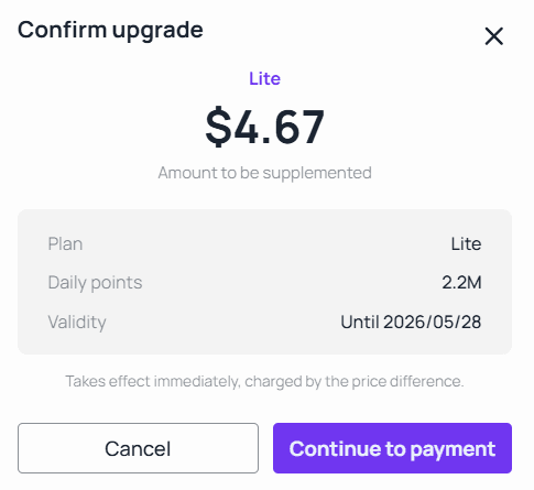 Pantalla de confirmación de actualización que muestra el plan Lite de 4.67 USD con 2.2M de puntos diarios y validez hasta el 28 de mayo de 2026