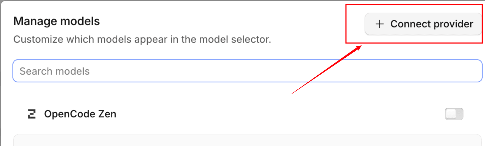 OpenCode connect screen with the provider connection option