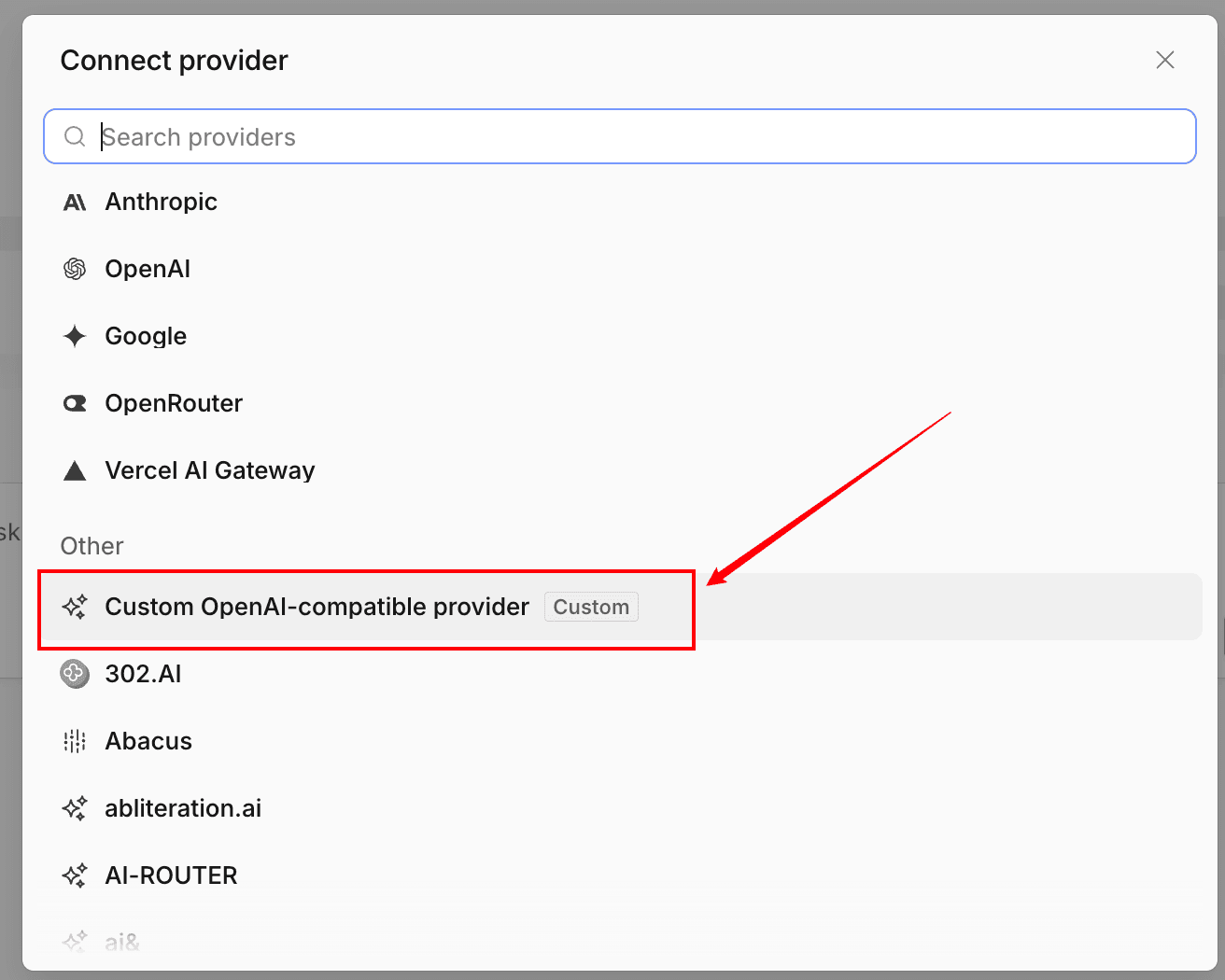 Choose the custom OpenAI-compatible provider option in OpenCode