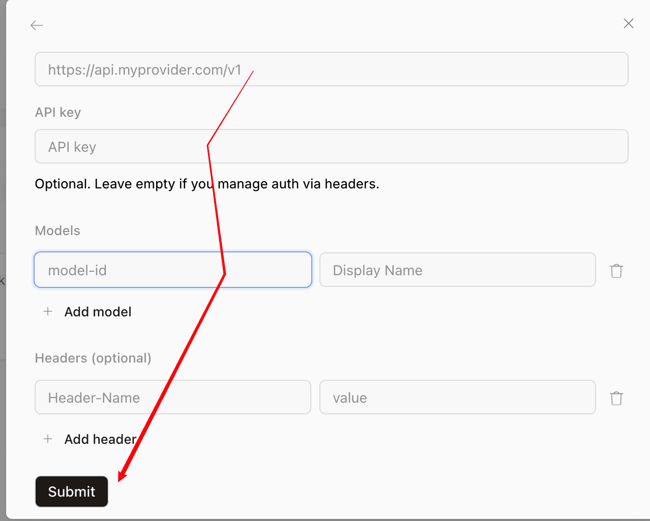 OpenCode custom provider form for base URL, API key, and model ID