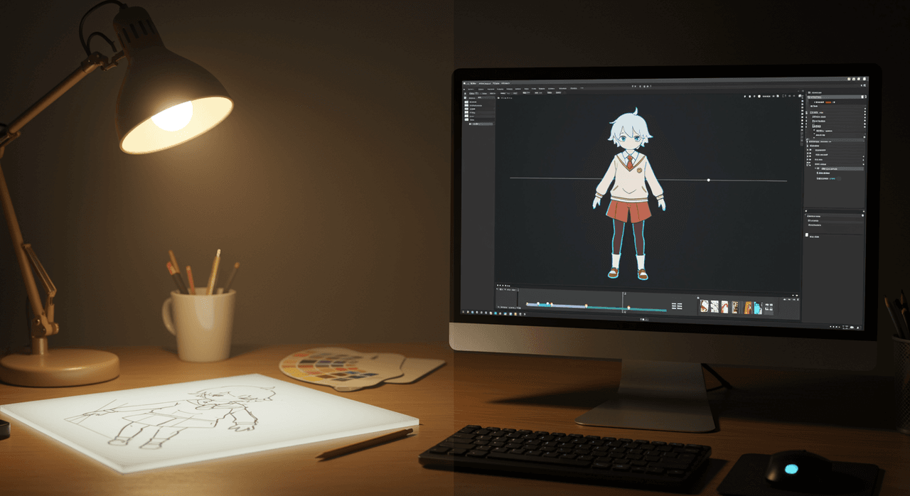 Split-screen of animator's desk with hand-drawn cel-shaded anime character on left and AI video timeline of same character on right