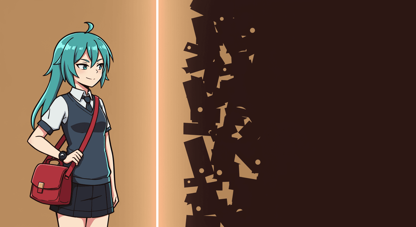 2D anime character with teal hair and red satchel standing confidently beside towering wall of legal documents silhouettes