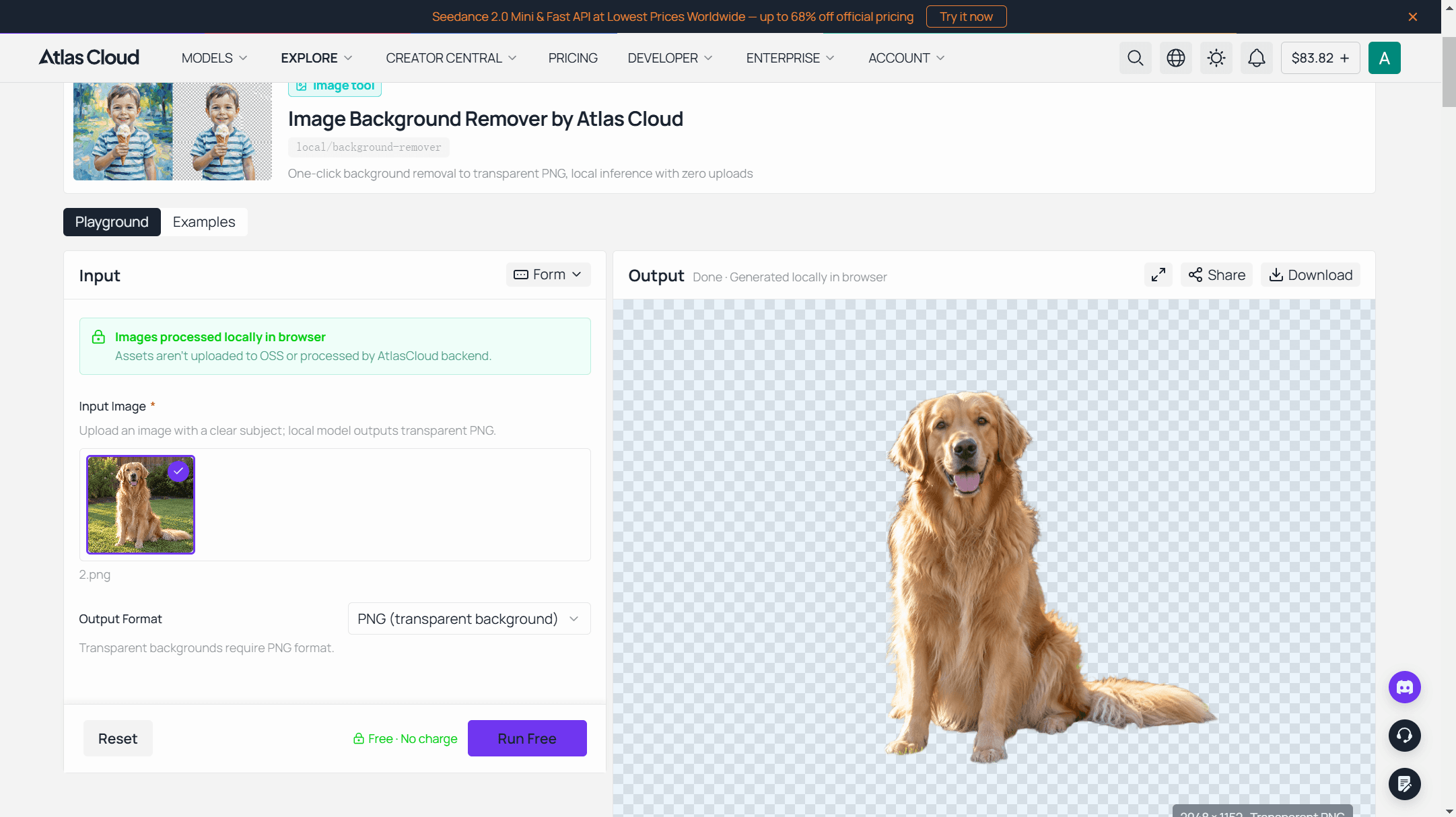 The free AI background remover page showing a golden retriever photo on the left and the same dog cut out on a checkered transparent panel on the right, with the download button visible.