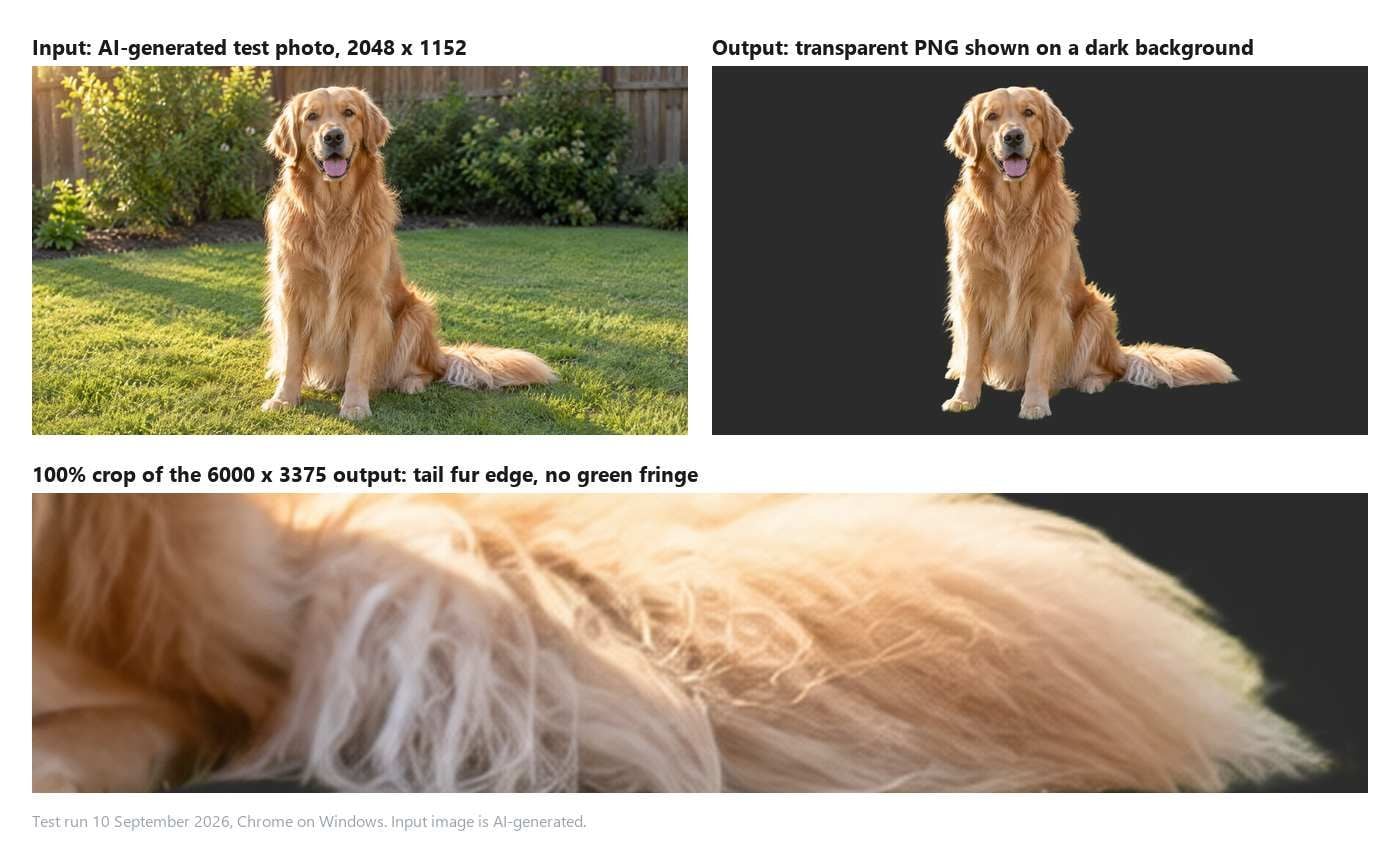 Left, an AI-generated test photo of a golden retriever on grass at 2048 by 1152. Right, the same dog cut out onto a dark background. Below, a 100 percent crop of the tail fur edge from the 6000 by 3375 output showing loose strands preserved and no green fringe.