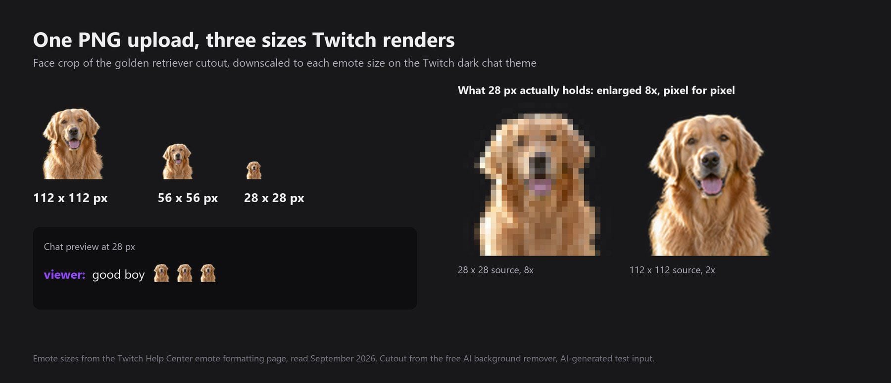 A golden retriever face emote shown at 112, 56, and 28 pixels on a dark Twitch chat background, a chat line using the 28 pixel version three times, and an 8x pixel enlargement of the 28 pixel emote beside the 112 pixel source, where fur detail collapses into blocks.