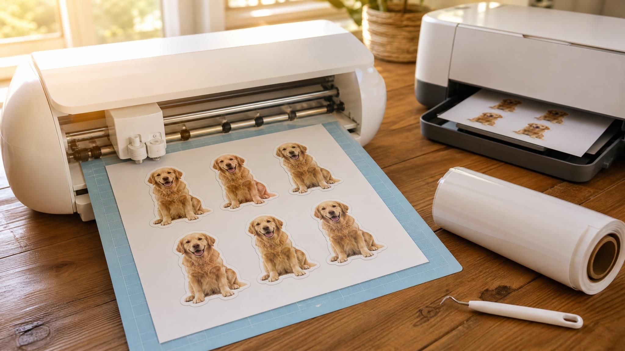 A desktop cutting machine cutting a printed sheet of golden retriever stickers on a craft table, with an inkjet printer and a roll of printable vinyl beside it.