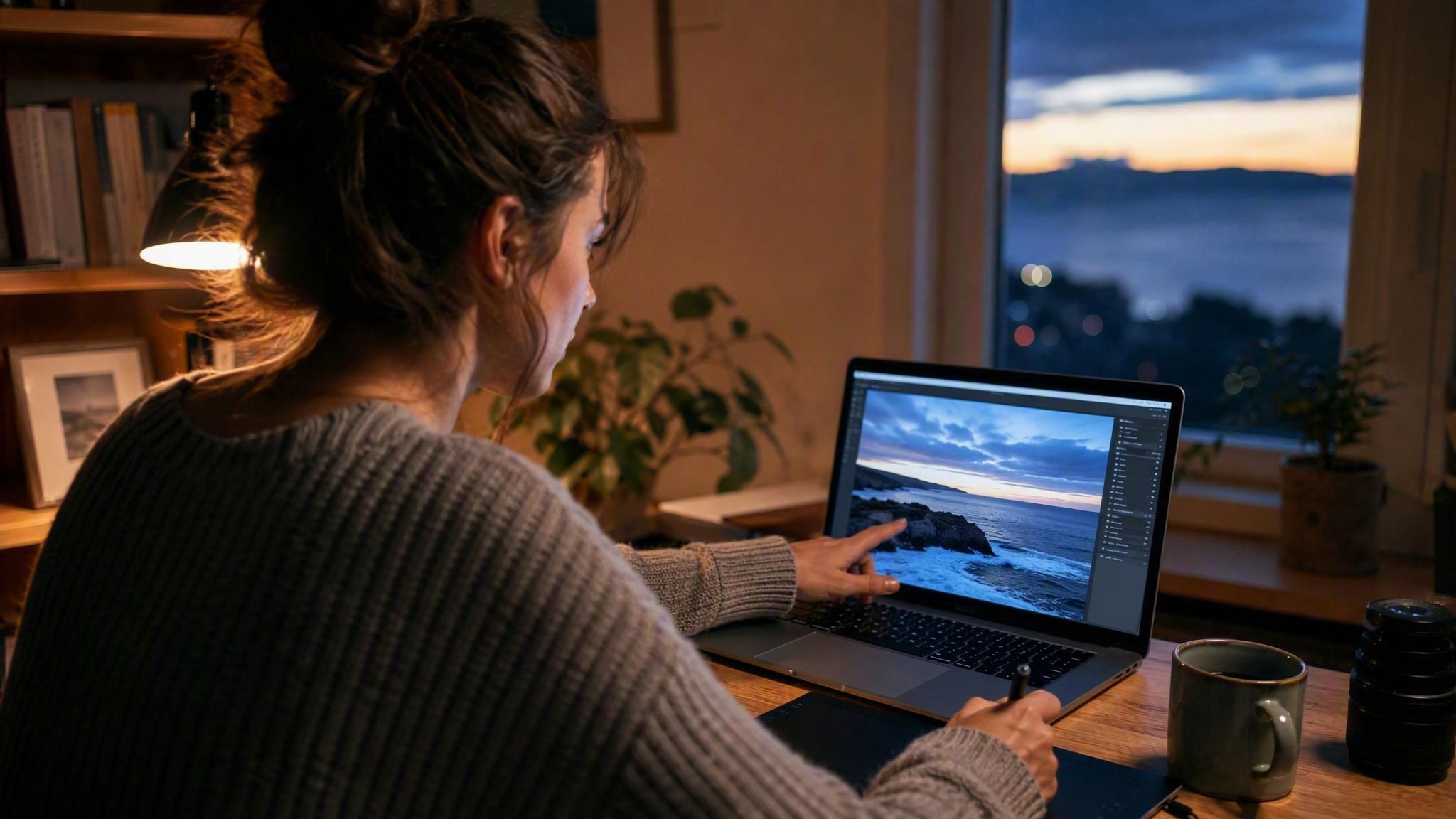 A woman at a home desk in the evening working on a seaside photograph on her laptop, screen light on her face