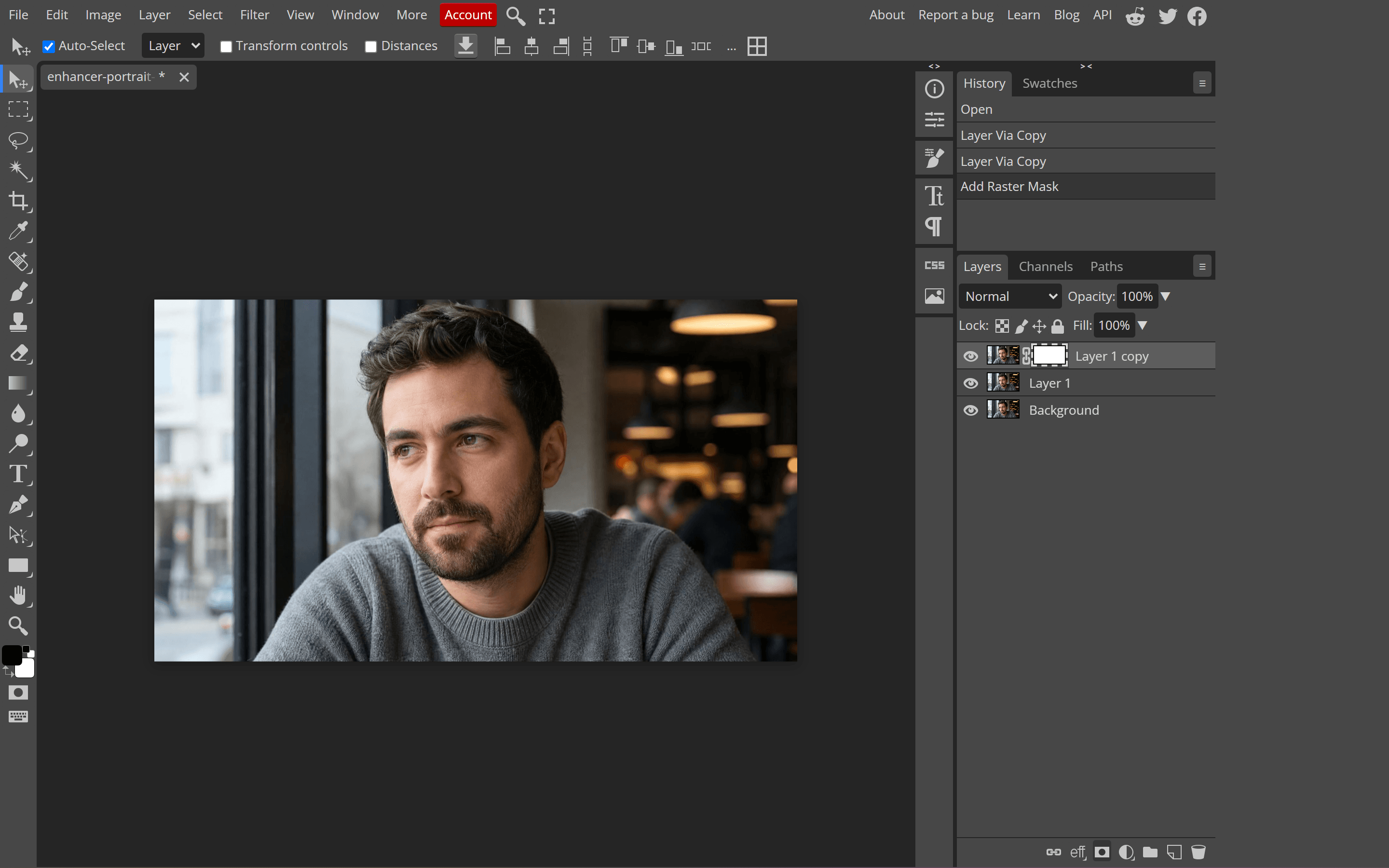 Photopea editor showing an open PSD file with a layers panel and layer mask on the right