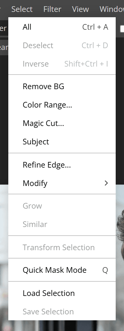 Photopea Select menu opened showing the Remove BG option alongside Color Range and Refine Edge