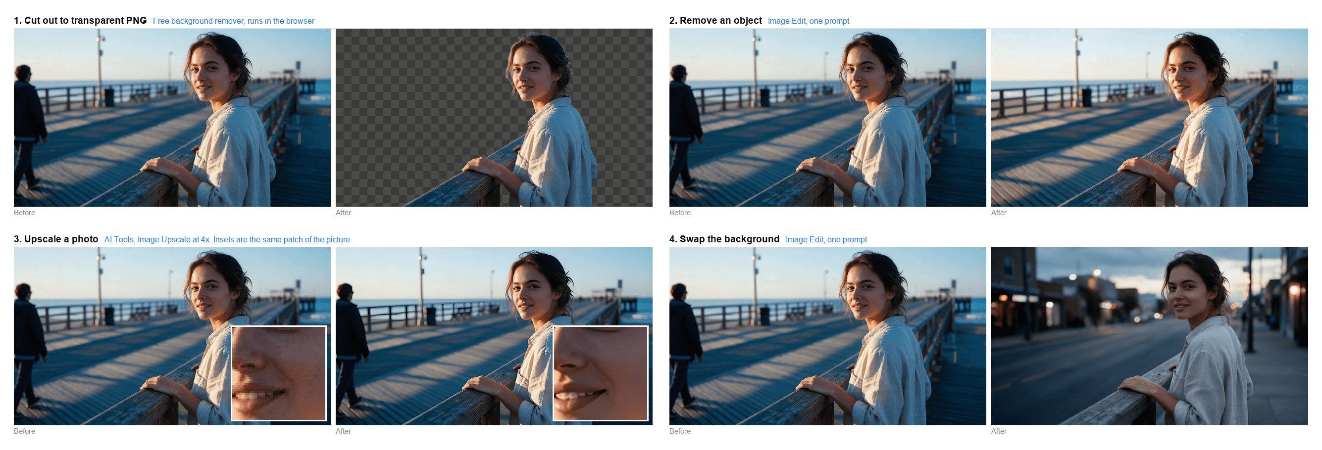 One photo through four edits: a transparent cutout, a removed passerby, a four times upscale with matching insets, and a swapped background