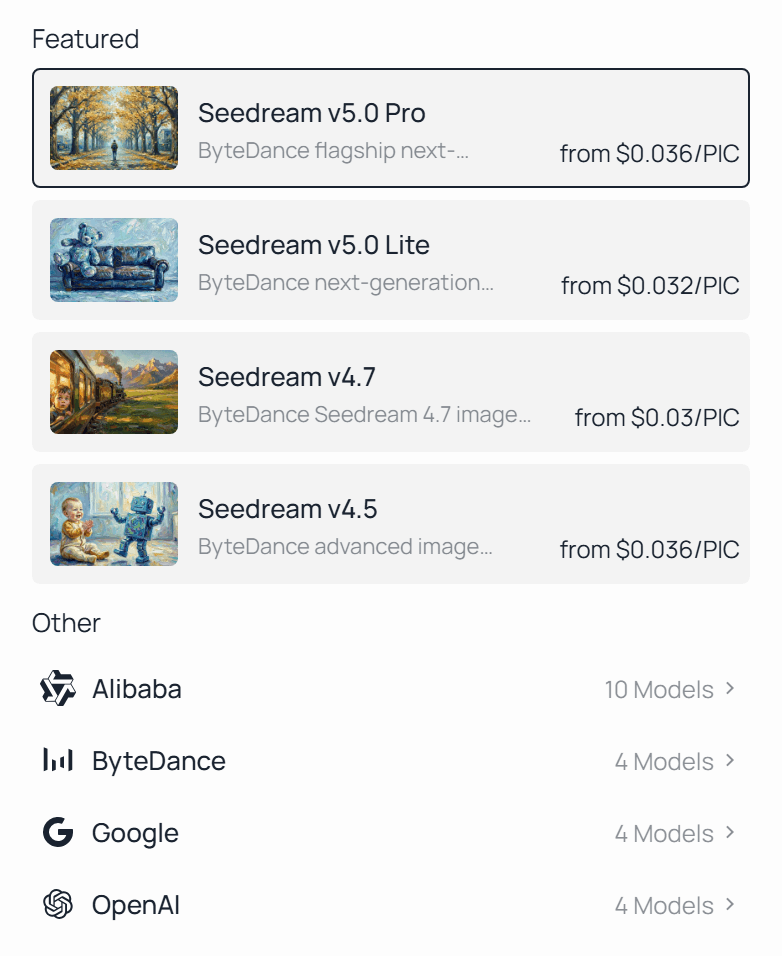 Atlas Cloud model selector expanded showing editing models grouped by lab with counts