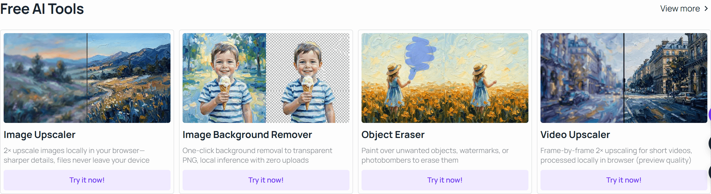 Atlas Cloud free AI tools row showing the browser-based background remover, object eraser and image upscaler