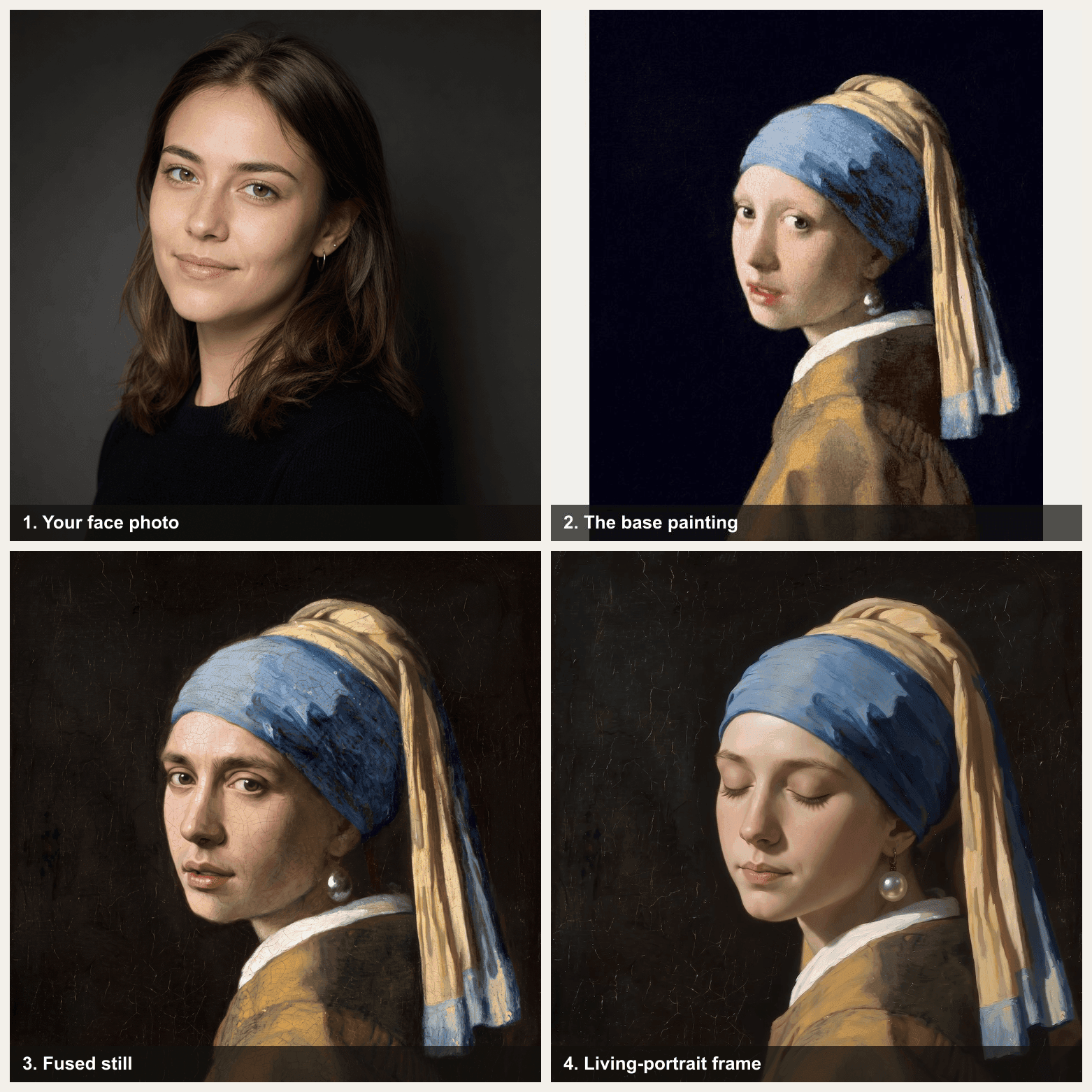 أربع لوحات تظهر دمج صورة امرأة في لوحة كلاسيكية