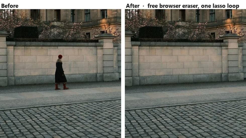 The same street photograph before and after a single lasso loop in the free browser object eraser. The walking figure is gone in the right frame and the stone wall courses, the kerb line and the cobbles all continue through the space where they stood.