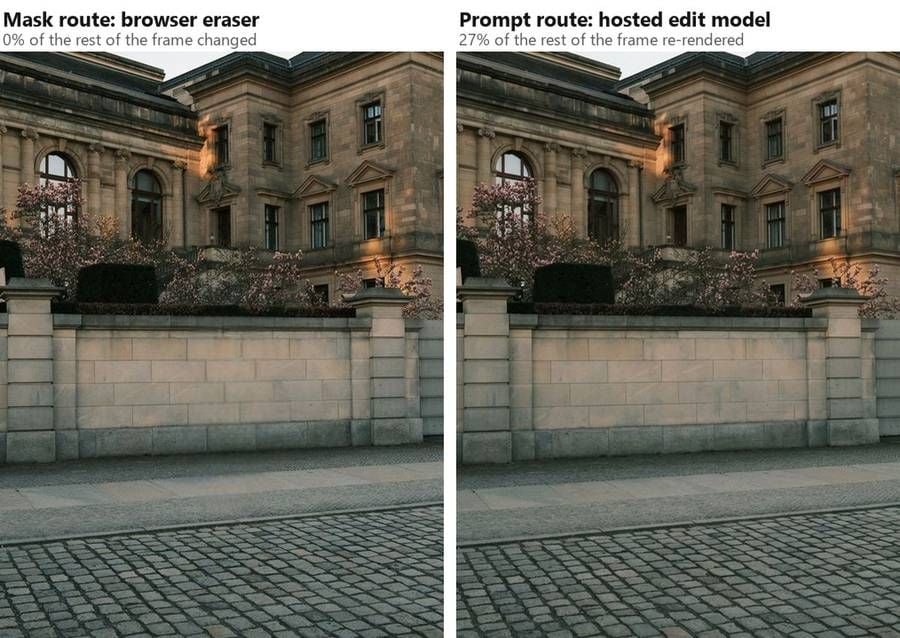 The same street photograph cleared of its walking figure twice, once by the free browser object eraser and once by a hosted prompt-driven edit model, labelled with how much of the surrounding frame each route left alone.