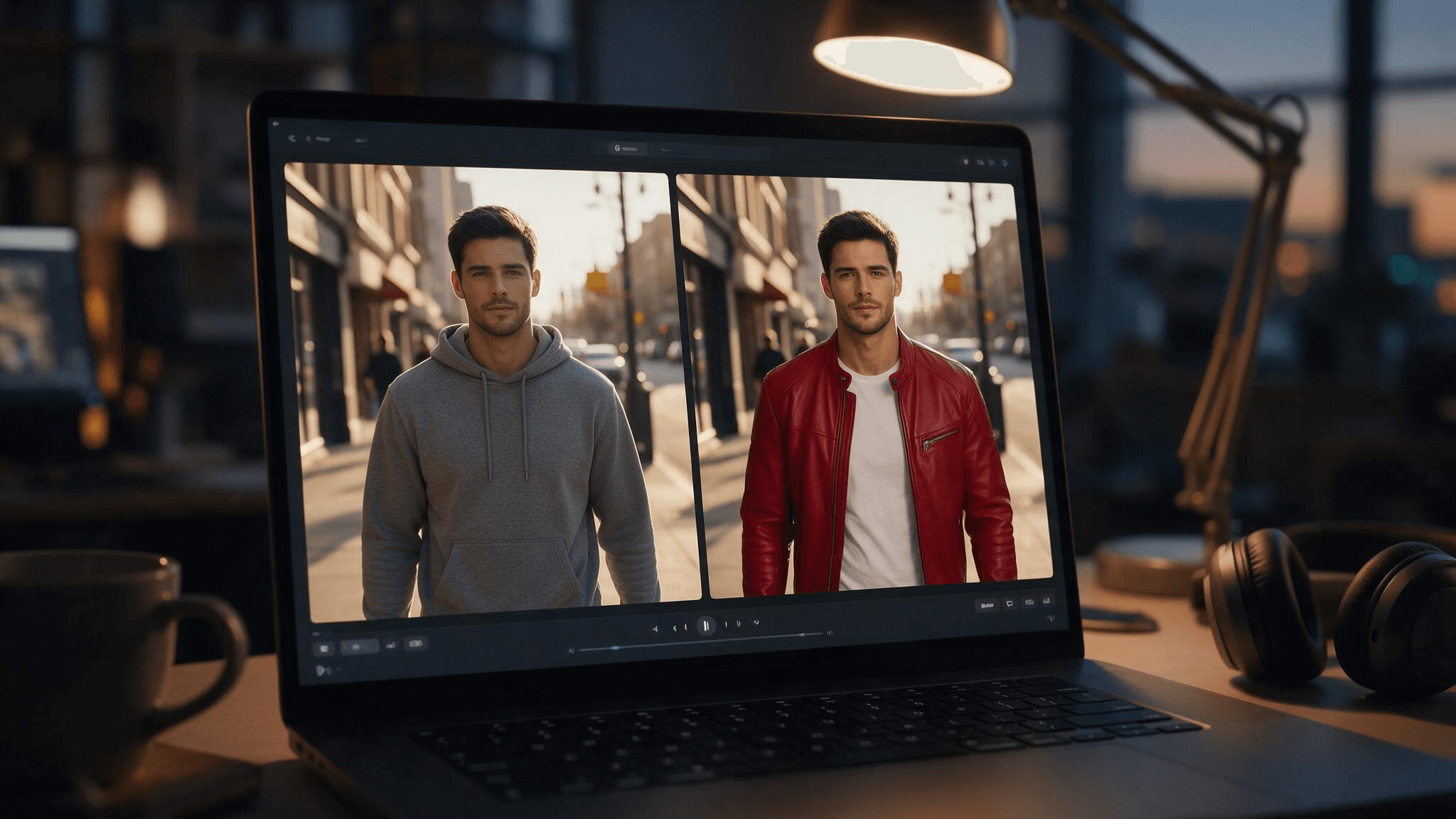 Laptop on an editor's desk showing two frames of the same man on a city sidewalk, one in a grey hoodie and one in a red leather jacket, illustrating a Pikaswaps-style video swap