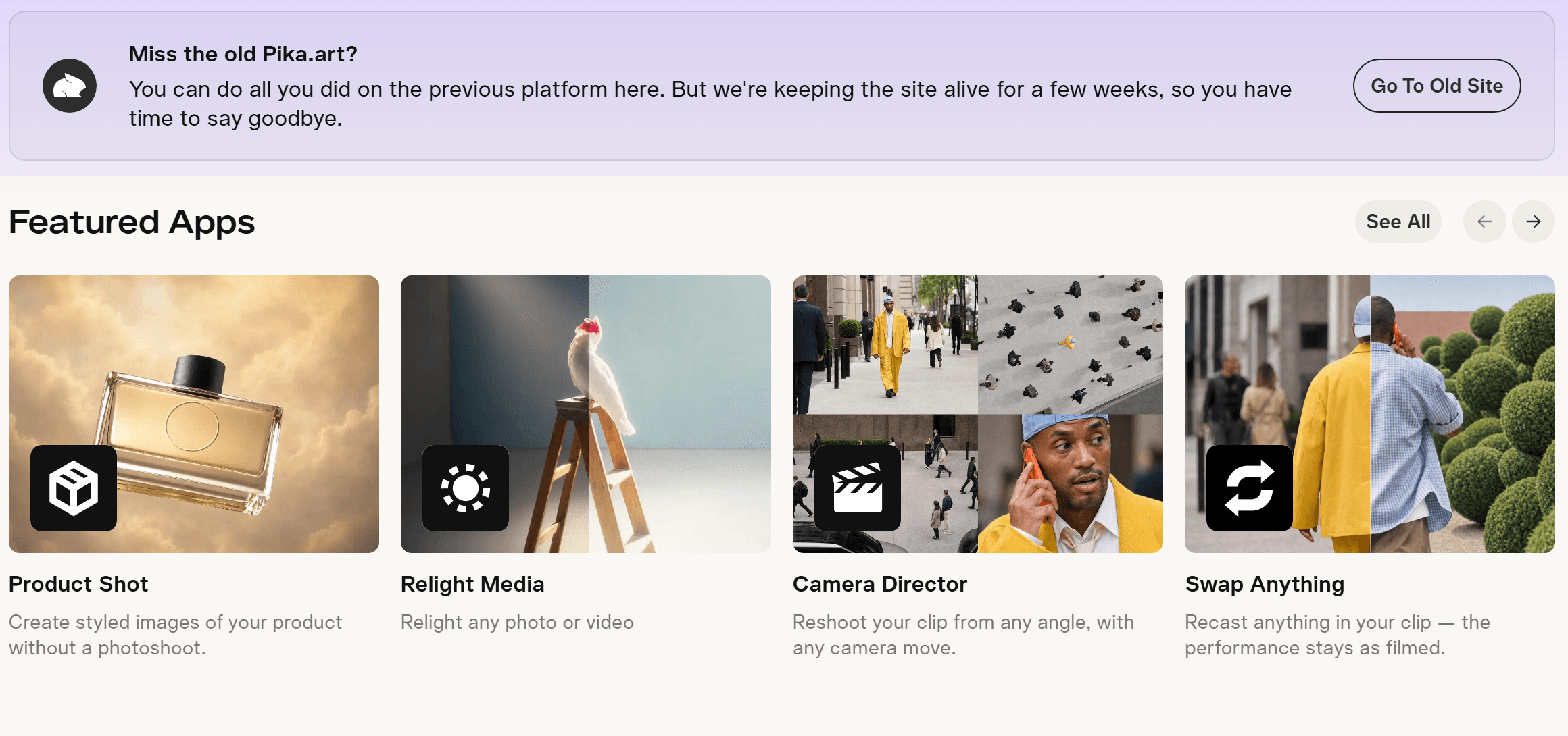 Pika's relaunched app catalog showing the old-site banner and the Swap Anything app card, the closest match to Pikaswaps