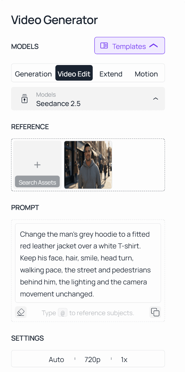 Atlas Cloud Video Edit tab with a street clip uploaded, Seedance 2.5 selected and an outfit swap instruction in the prompt field