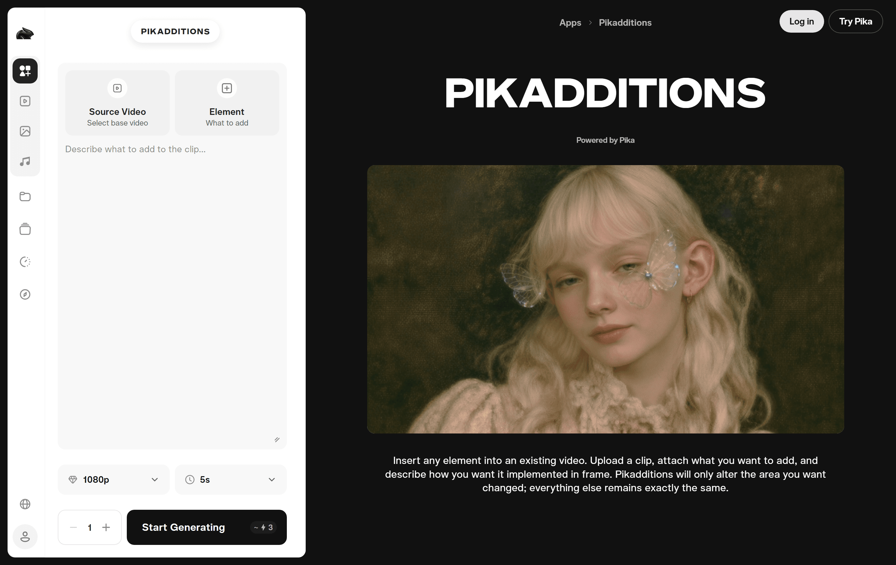 Pika's Pikadditions app page with source video and element inputs, which adds objects to a clip rather than swapping them