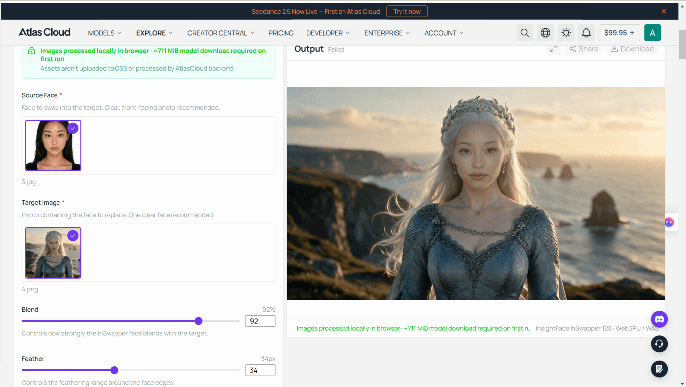 Atlas Cloud free AI face swap tool showing a headshot as source face, a Game of Thrones styled throne-room photo as target image, Blend and Feather sliders, and the swapped result shown next to both originals