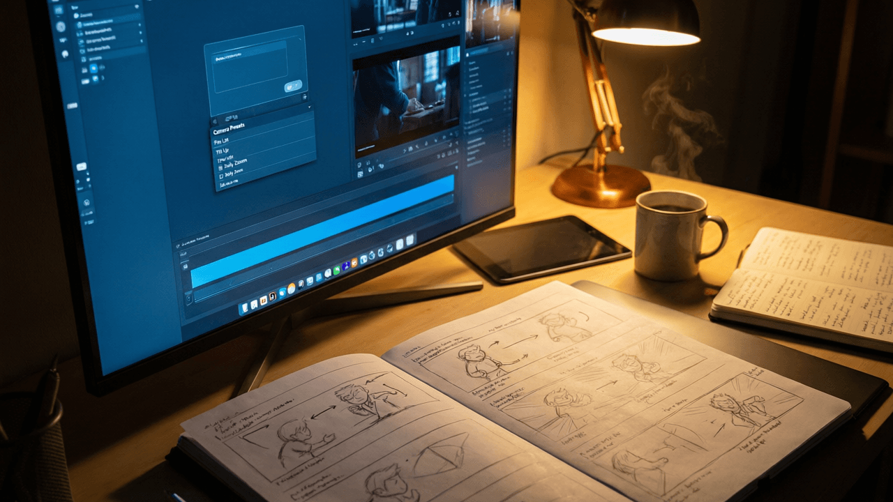Storyboard sketches beside a monitor running an AI video generation tool, illustrating planned camera work in PixVerse 4.5.