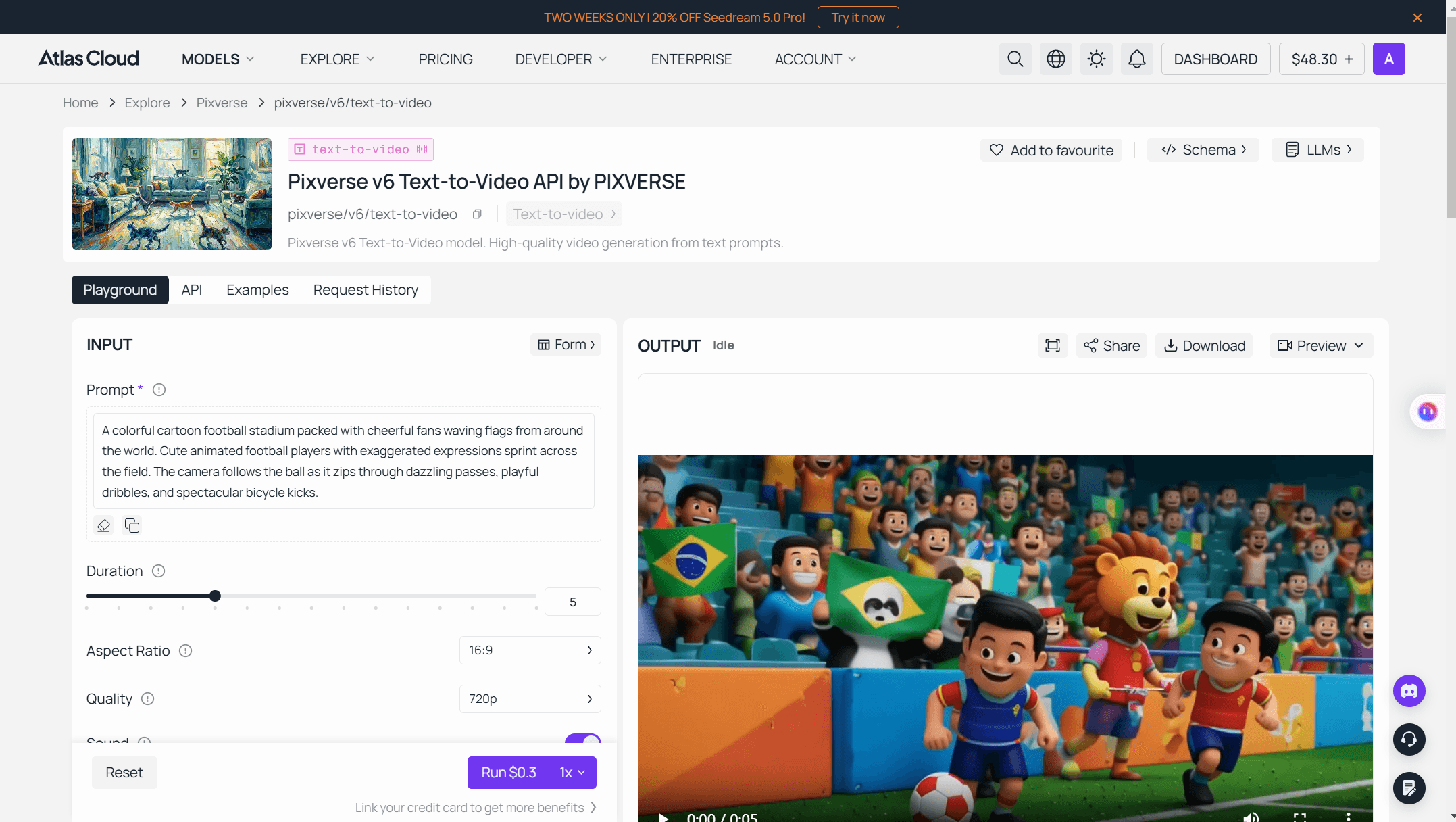 Atlas Cloud PixVerse V6 text-to-video playground showing a filled prompt box, 5-second duration, 720p quality, audio enabled, and the Run button quoting $0.3 per generation.