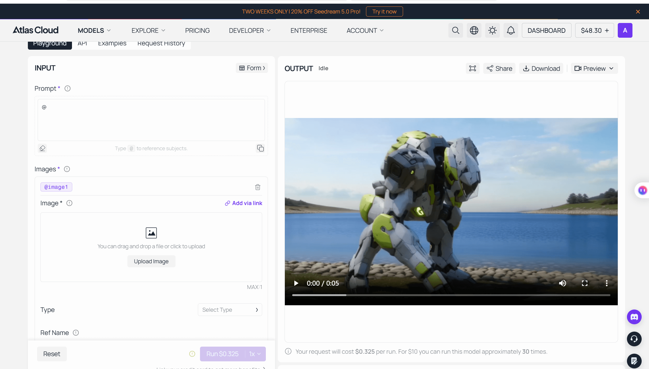 Atlas Cloud PixVerse V6 reference-to-video playground with multiple tagged reference images and a prompt that mentions a reference by name, the successor to PixVerse V4.5 Fusion mode.
