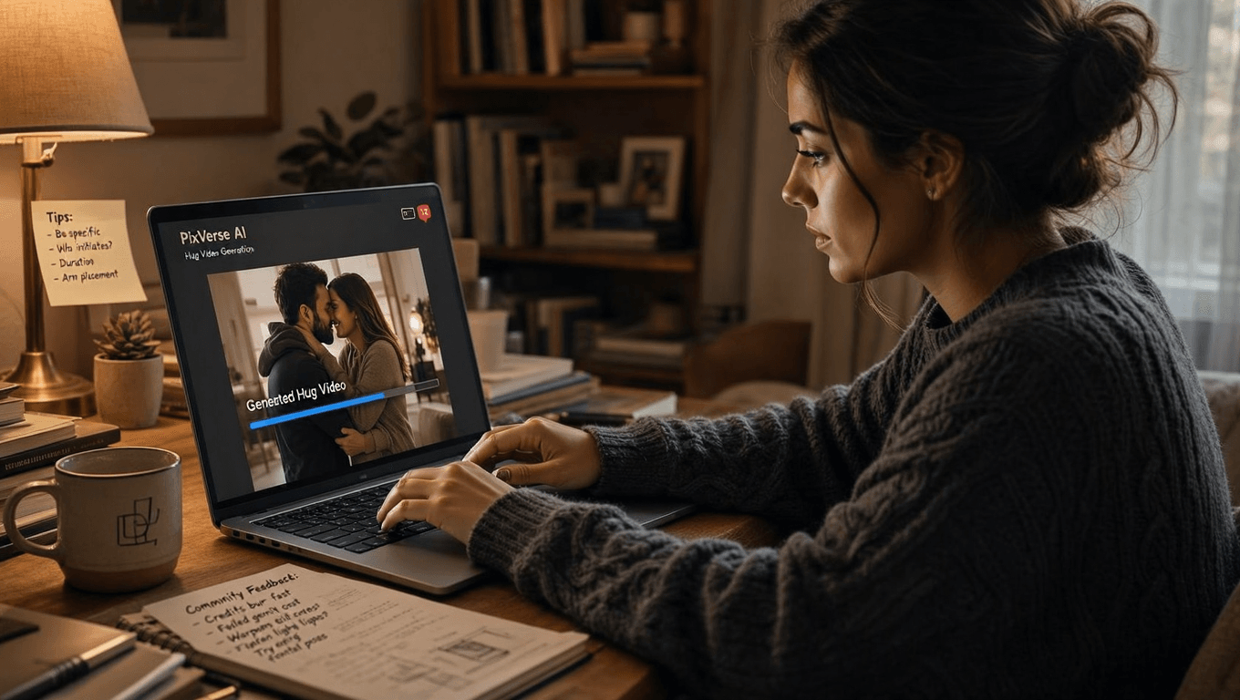 Laptop screen displaying PixVerse AI video generation interface with progress bar and prompt parameters for creating a natural hug effect