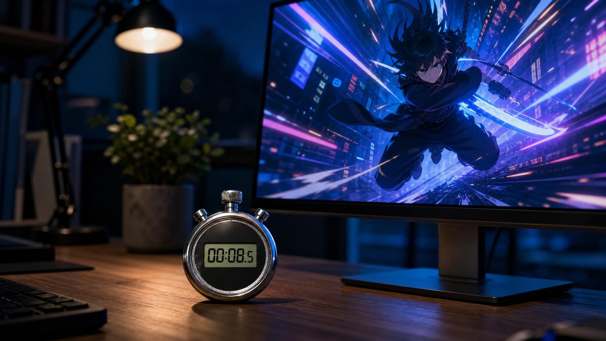 Stopwatch next to a monitor showing an anime-style AI video, illustrating the under-ten-second generation claim of PixVerse V3.5.