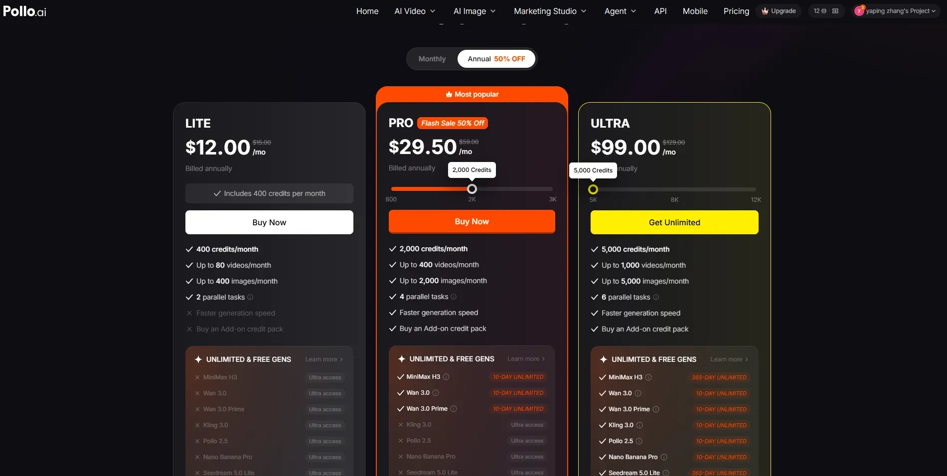PolloAI subscription pricing page highlighting PRO tier at $29.50 per month with 10-day unlimited Wan 3.0 access