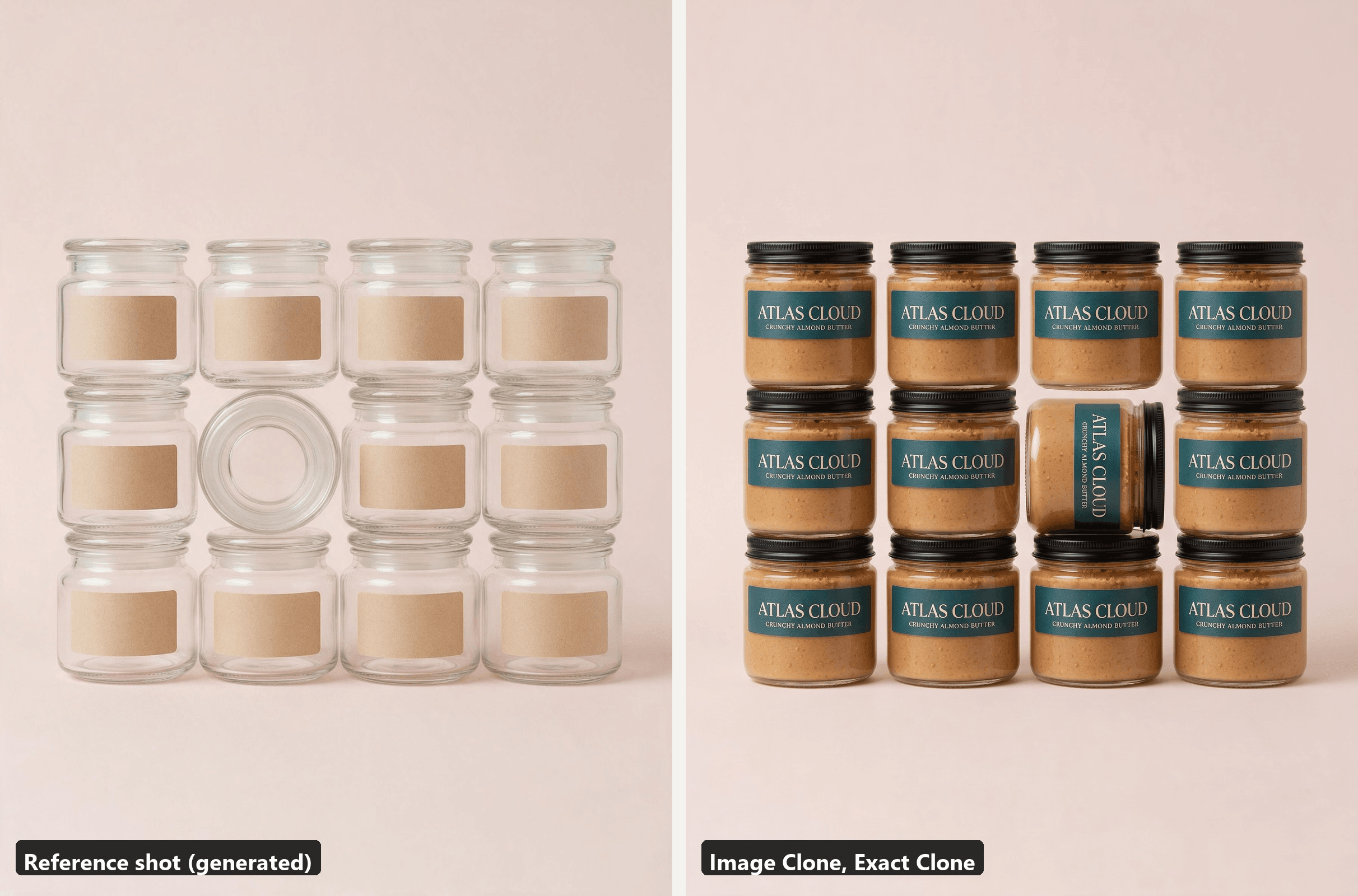 Left, the reference shot of twelve plain jars in a three-by-four grid on a blush backdrop with one jar turned on its side. Right, the Exact Clone output with all twelve jars replaced by the almond butter, including the turned one