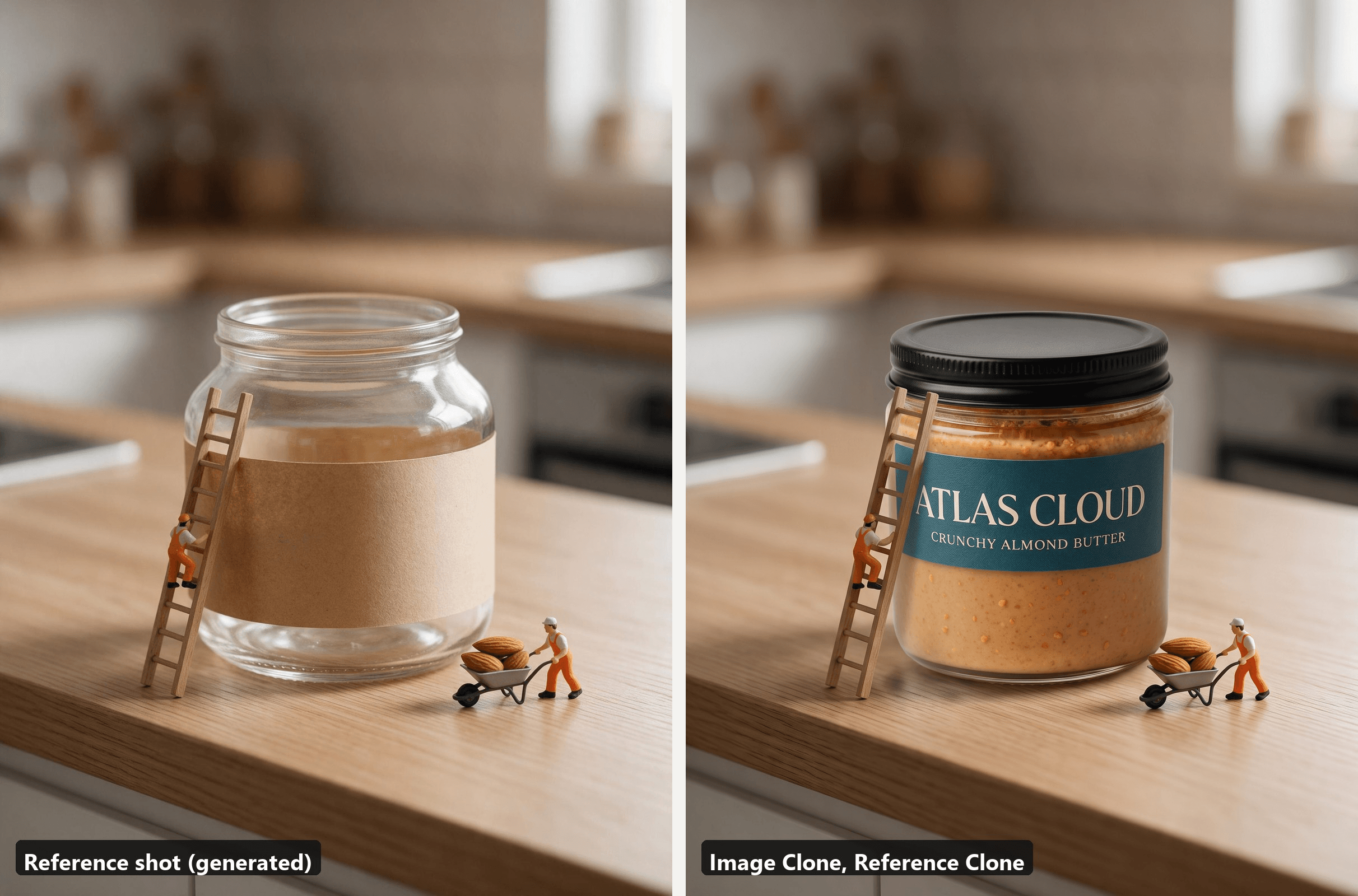 Left, the reference shot of a plain jar on an oak counter with tiny model workers on a ladder and a miniature wheelbarrow of almonds. Right, the Reference Clone output with the almond butter jar in the same miniature scene