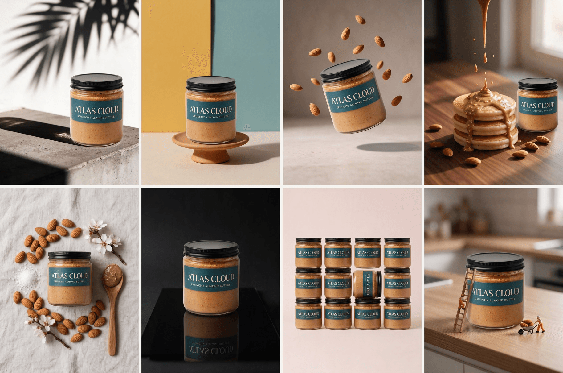 Eight Image Clone outputs of the same almond butter jar in a two-by-four grid: a hard palm-leaf shadow on concrete, a mustard and teal color-block backdrop, the jar floating with almonds, nut butter pouring over pancakes, a top-down ingredient flat lay, a mirror reflection on black acrylic, a grid of twelve jars with one turned, and a miniature scene with tiny workers on the counter