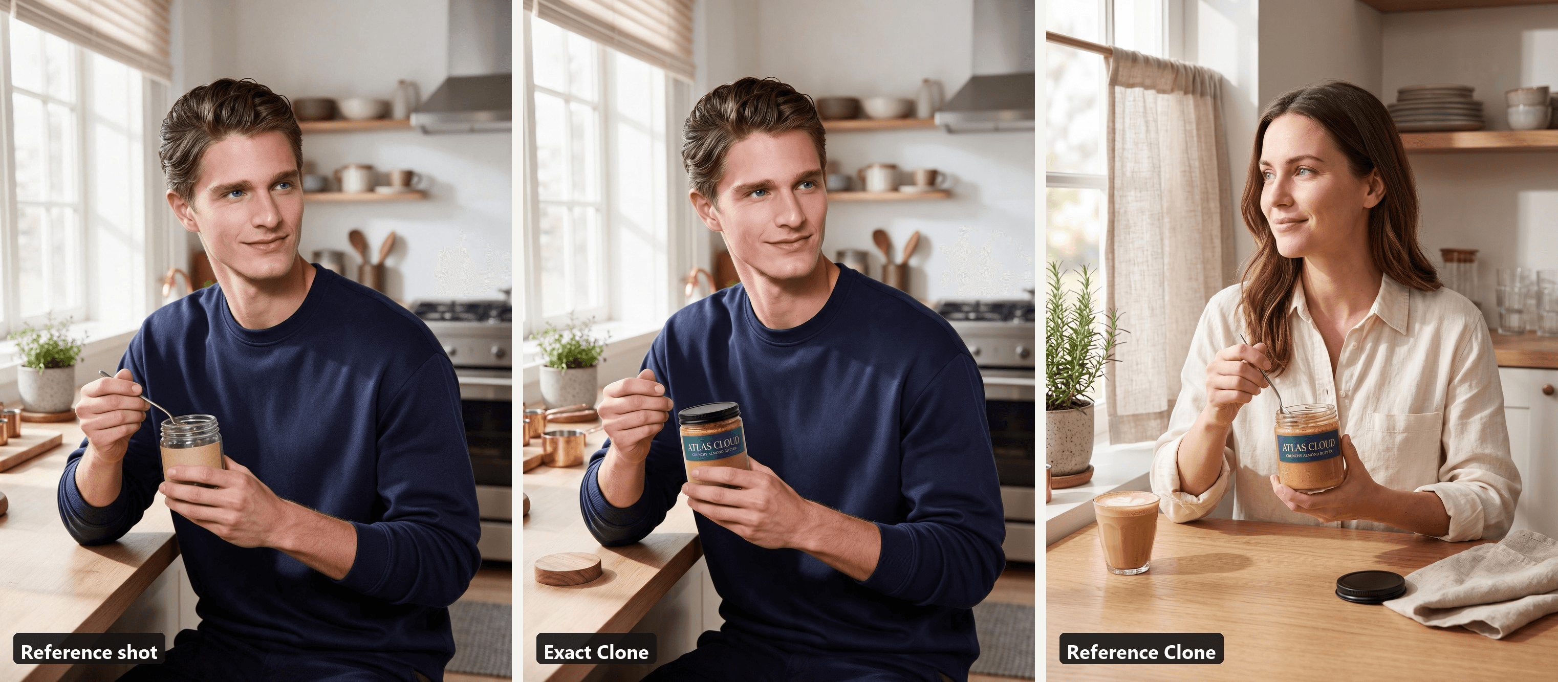 Three frames side by side: the reference shot of a man in a navy sweatshirt holding a plain jar at a kitchen counter, the Exact Clone output where only the jar changed to the almond butter, and the Reference Clone output where the prompt moved the scene to a woman in a linen shirt at a sunlit cafe table