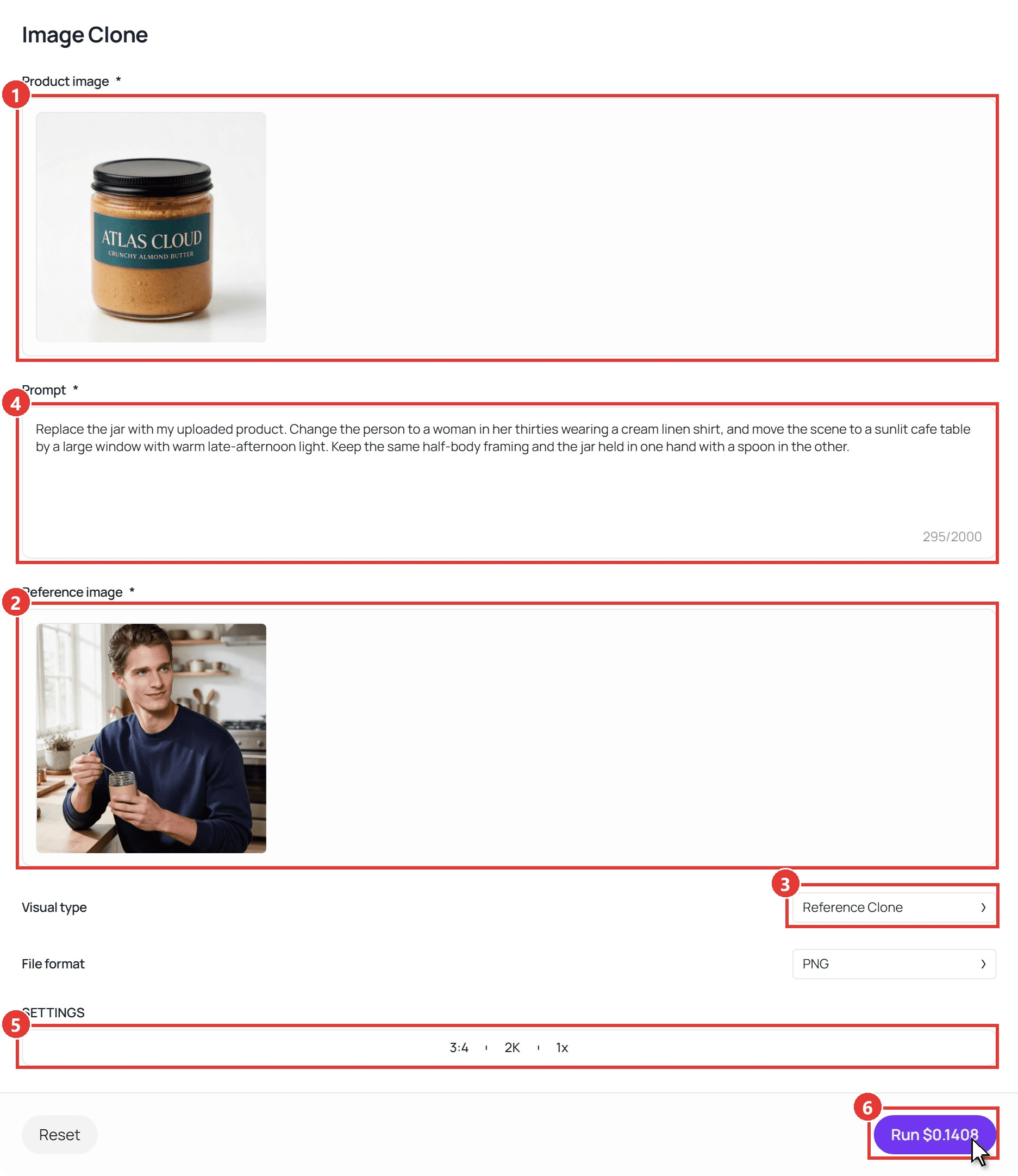 Image Clone workflow on Atlas Cloud with the product photo and the kitchen reference uploaded, numbered red boxes on Product image, Reference image, Visual type, Prompt, SETTINGS at 3:4, 2K, 1x and the Run button, and the cursor on Run