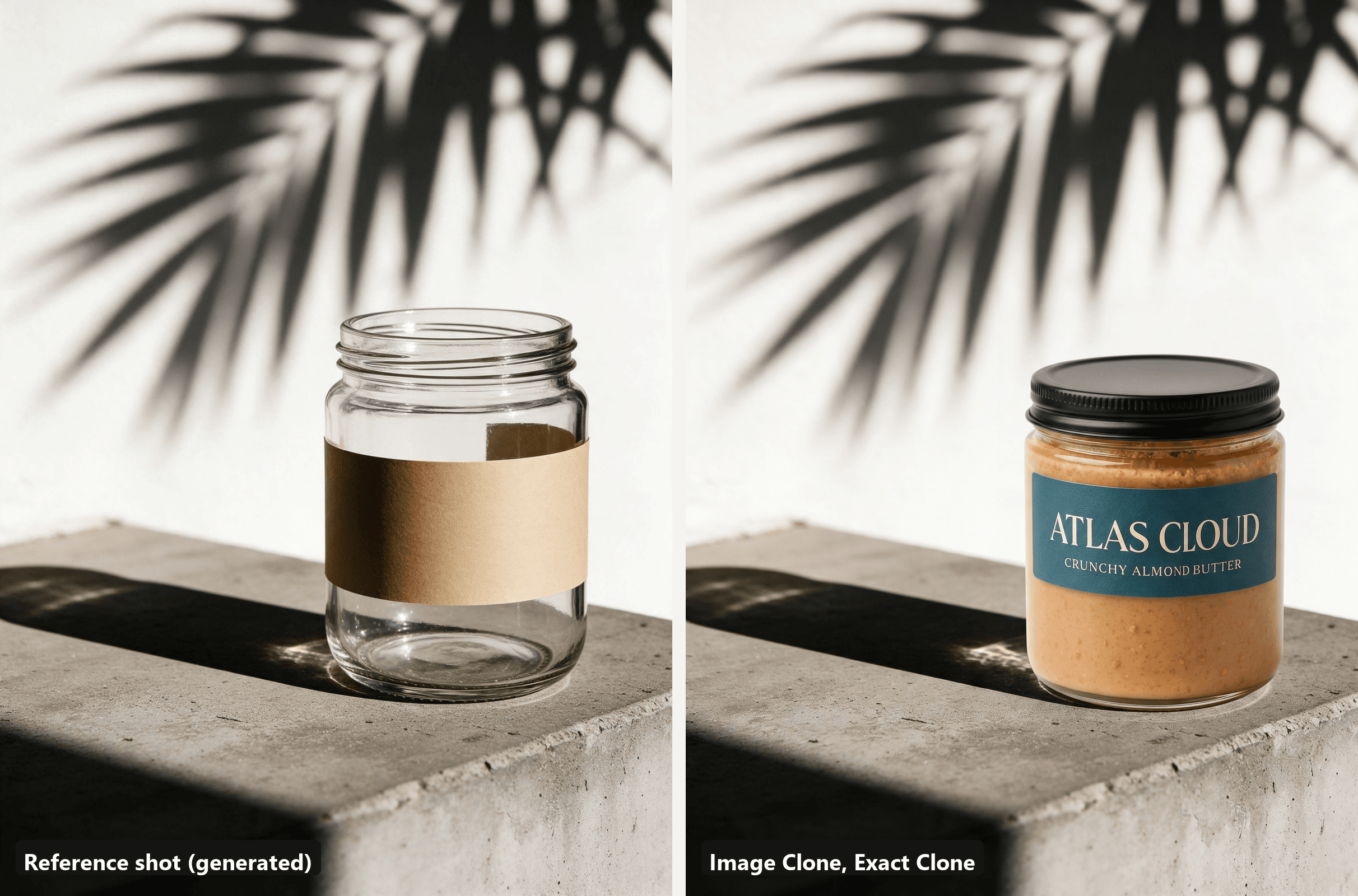 Left, the reference shot of a plain kraft-label jar on a concrete ledge under harsh sun with a palm-leaf shadow on the white wall. Right, the Exact Clone output with the almond butter jar in the same spot under the same shadow and light