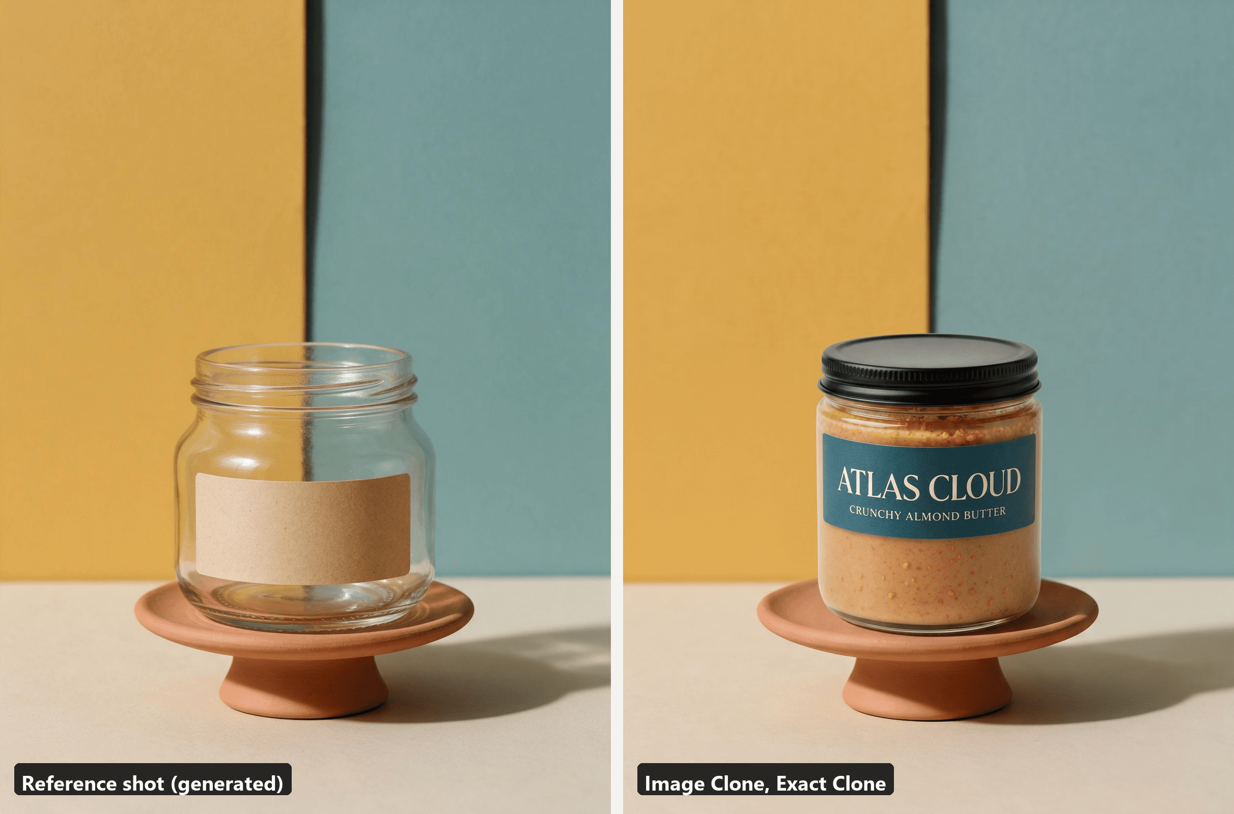Left, the reference shot of a plain jar on a terracotta plinth in front of a mustard and teal two-panel backdrop. Right, the Exact Clone output with the almond butter jar on the same plinth and the same panels