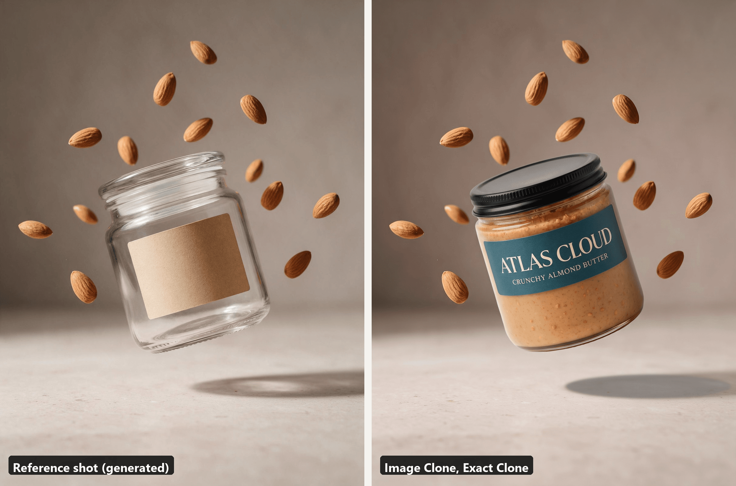 Left, the reference shot of a plain jar floating above a stone surface with whole almonds suspended around it. Right, the Exact Clone output with the almond butter jar floating in the same position with the same almonds
