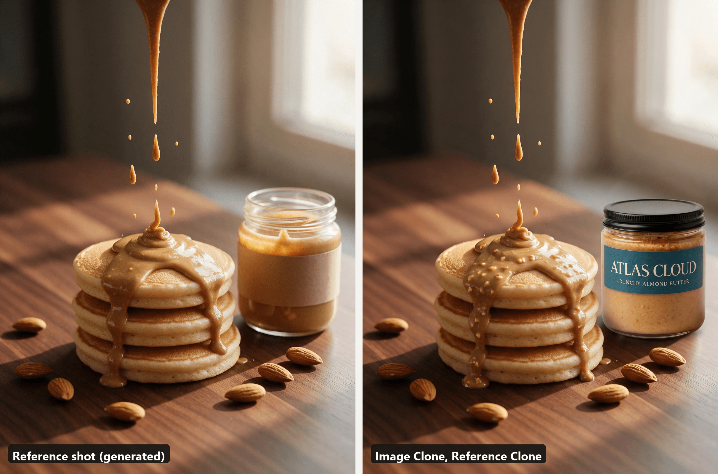 Left, the reference shot of nut butter pouring onto a stack of pancakes beside a plain jar on a walnut table. Right, the Reference Clone output with the almond butter jar beside the pancakes and the pour recoloured to match the product