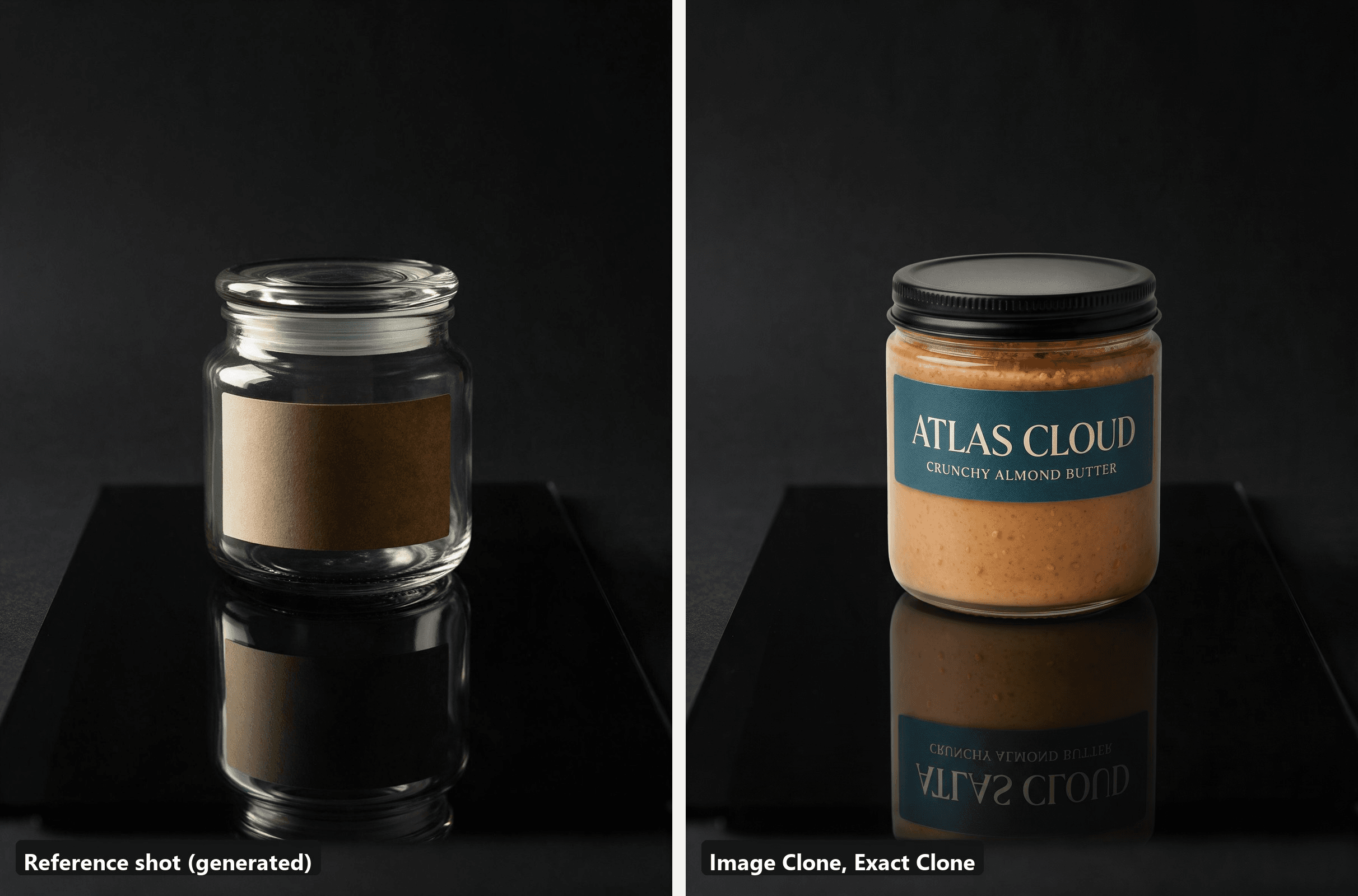 Left, the reference shot of a plain jar on black acrylic with a crisp mirror reflection against a charcoal backdrop. Right, the Exact Clone output with the almond butter jar and its label reflected in the same acrylic
