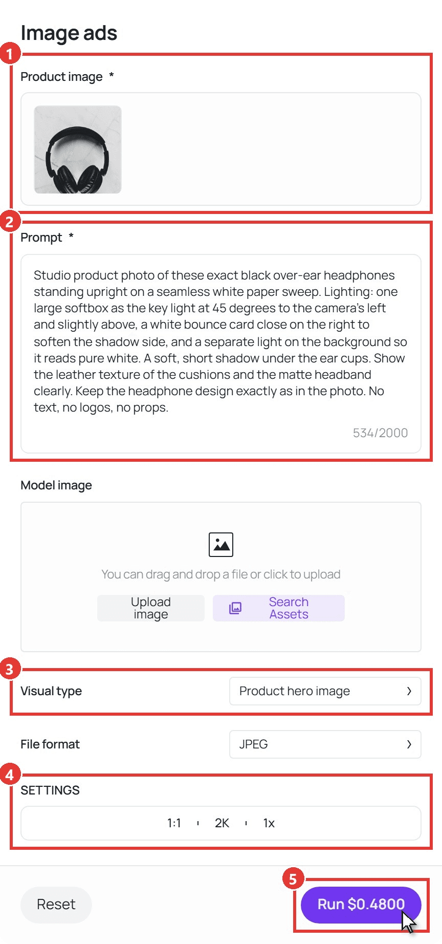 Image ads workflow on Atlas Cloud with numbered red boxes on Product image holding the headphones photo, the Prompt with a softbox lighting brief, Visual type set to Product hero image and SETTINGS at 1:1, 2K, 1x, and the cursor on the Run button