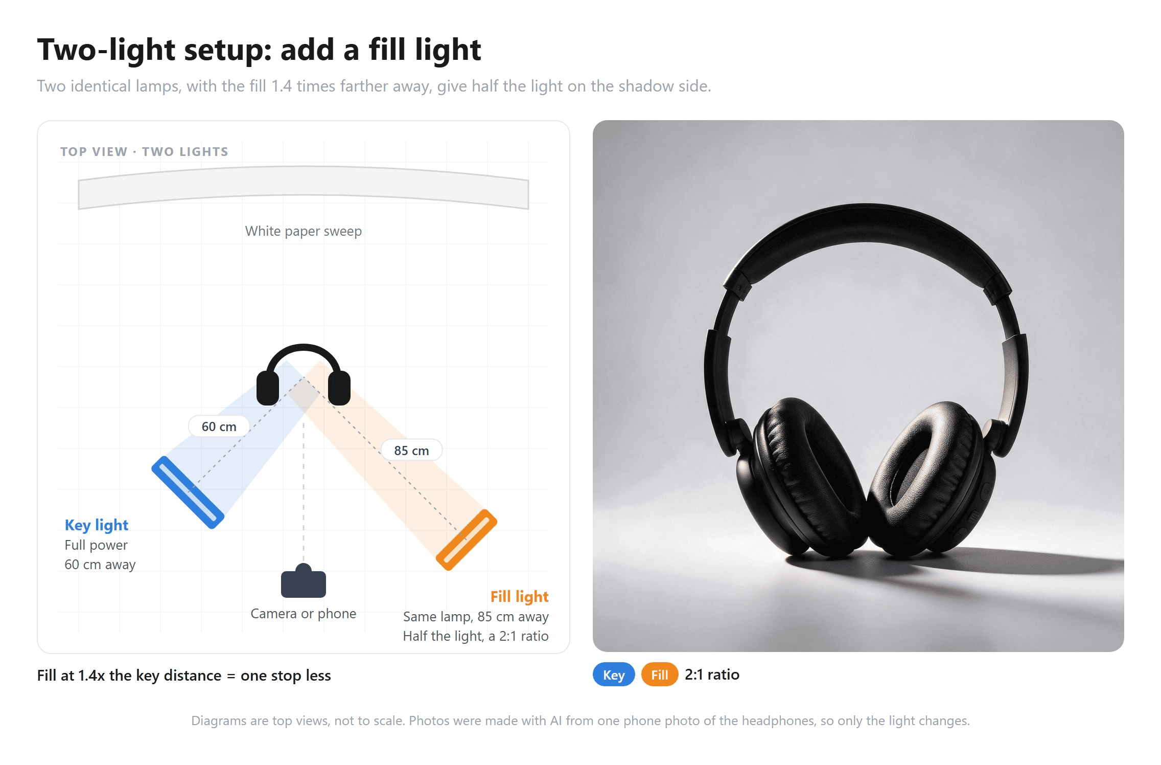 Two-light setup: a top-down diagram with the key softbox 60 cm away at the camera's left and an identical fill light 85 cm away at the camera's right for a 2:1 ratio, next to a photo of black headphones with both ear cups showing leather texture and an even, slightly darker shadow side on a gray backdrop