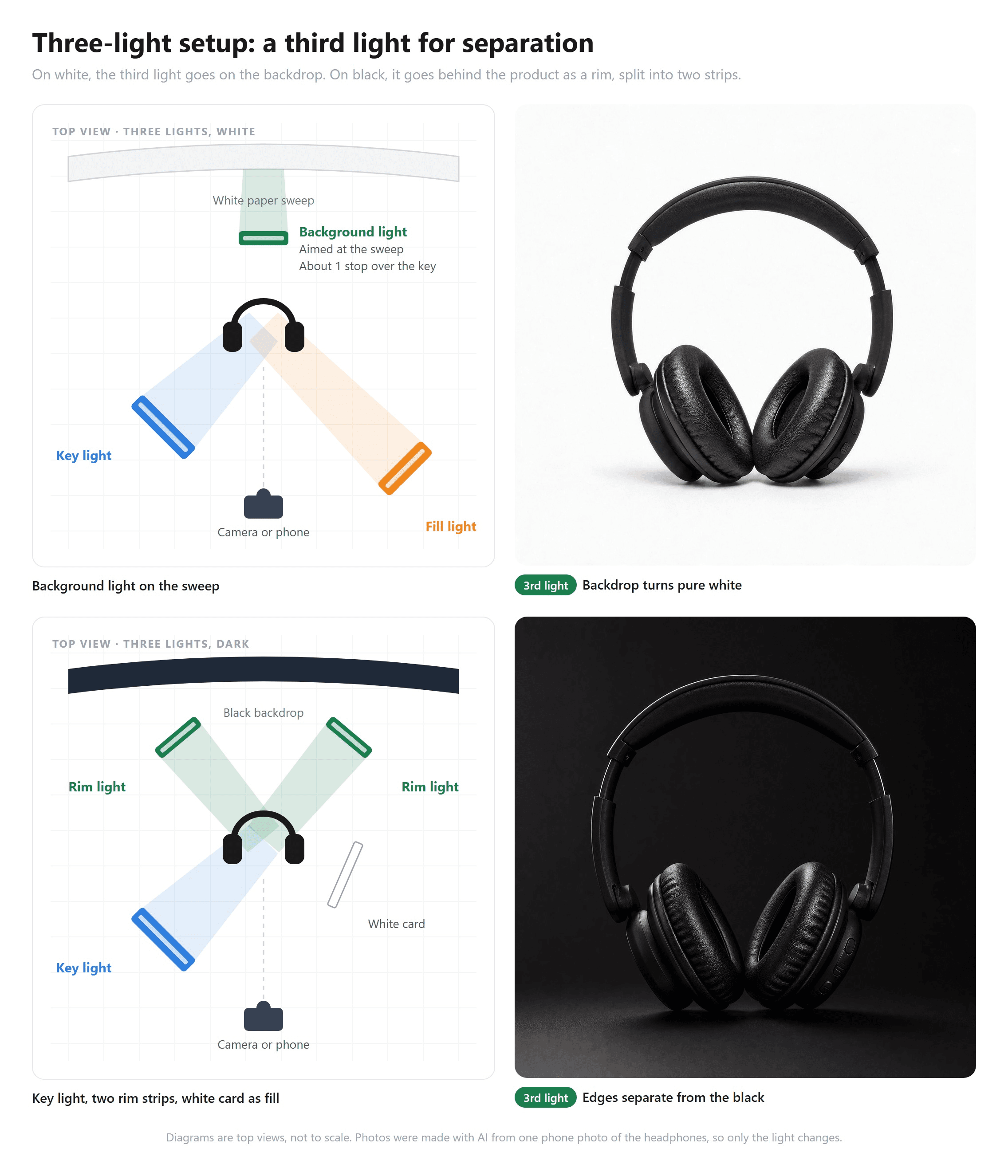 Three-light setups: a top-down diagram with key, fill and a background light aimed at the white sweep next to a photo of black headphones on a white background, and a diagram with a key light, two rim strips behind the product and a white card as fill next to a photo where thin bright edges outline the headband and ear cups against black