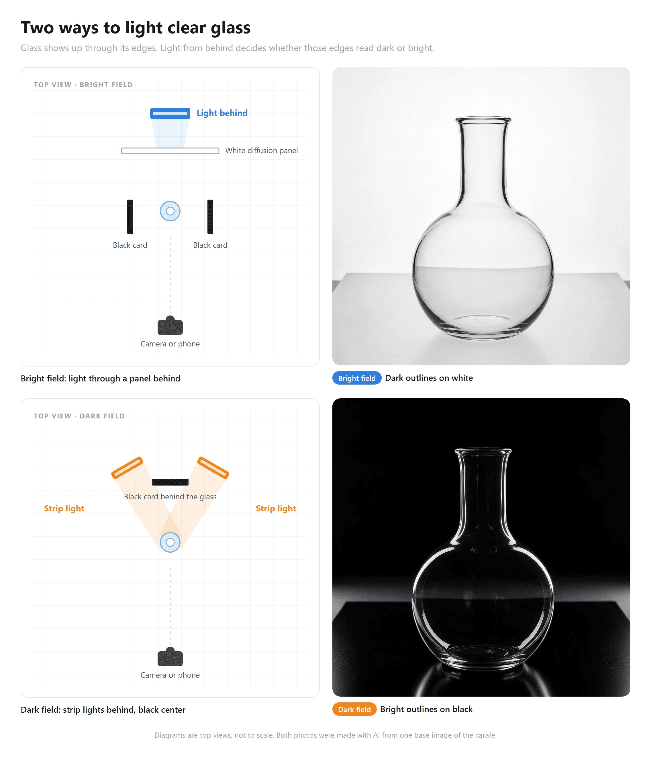 Bright-field and dark-field glass lighting compared: a top-down diagram with a lit white panel behind a clear glass carafe and black cards at its sides, next to a photo where the carafe has dark outlines on white, and a diagram with a black card behind the carafe and two strip lights behind it at the sides, next to a photo where the carafe has thin bright outlines on black