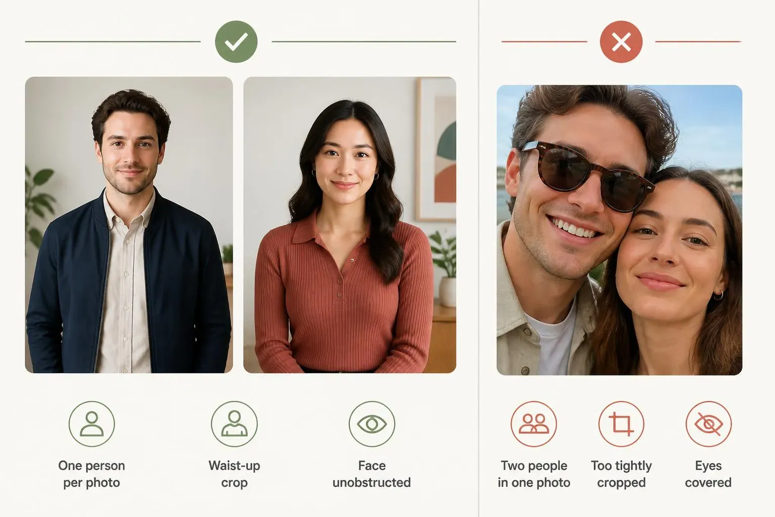 Comparison of two clean waist-up portraits for Raindance AI versus a cropped couple selfie that causes blended faces