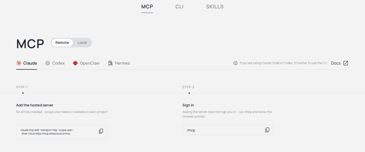 Atlas Cloud MCP setup page