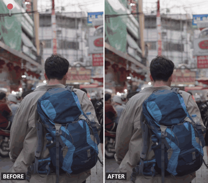 Side-by-side before and after clip of a location-pin sticker being removed from the top-left corner of a vertical video, using Atlas Cloud's Video Edit tab