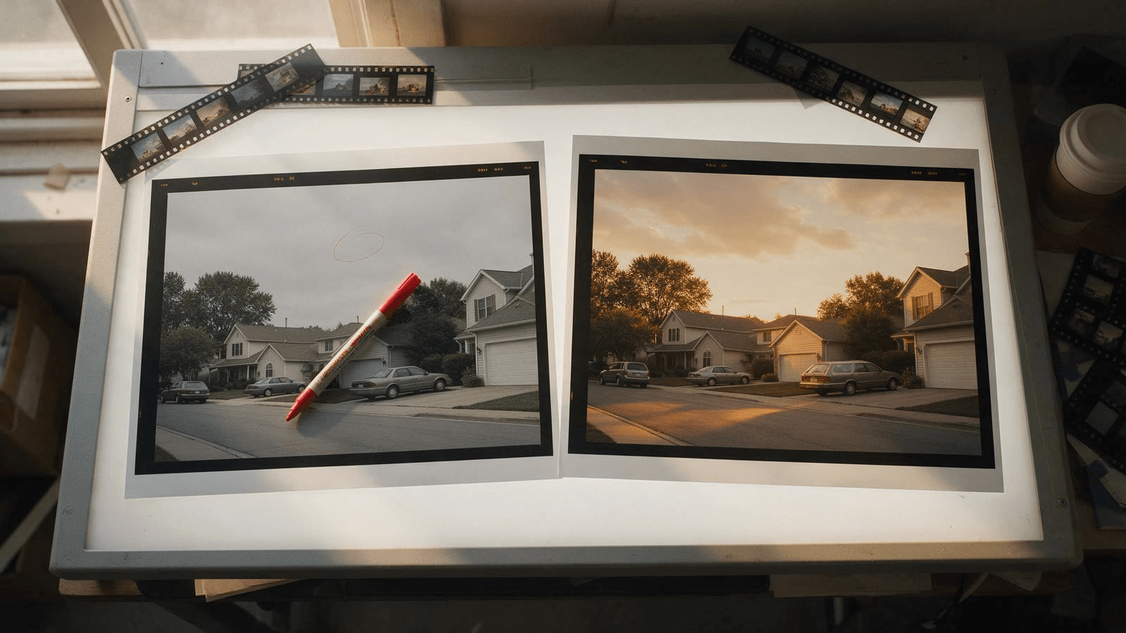 Two printed stills of the same suburban street on an editor's light table, one under a flat overcast sky and one in golden-hour light, representing instruction-based AI video editing